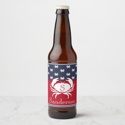 Monogrammed Red White Navy Blue Crab Nautical Bier Etiket (Voorkant)