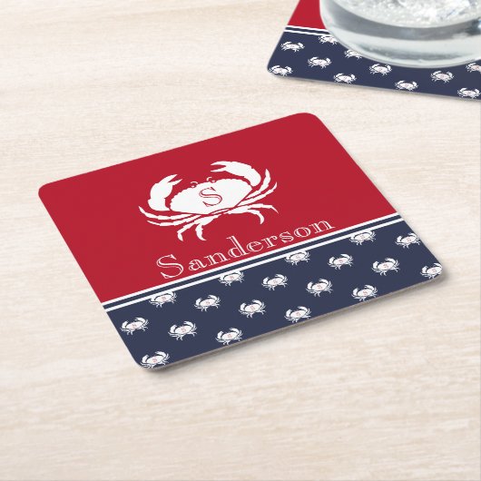 Monogrammed Red White Navy Blue Crab Nautical Kartonnen Onderzetters (Schuin)