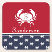 Monogrammed Red White Navy Blue Crab Nautical Kartonnen Onderzetters (Voorkant)