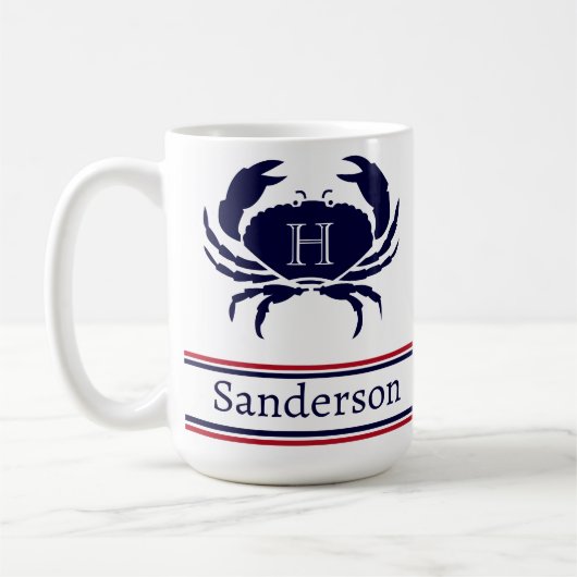 Monogrammed Red White Navy Blue Crab Nautical Koffiemok (Links)