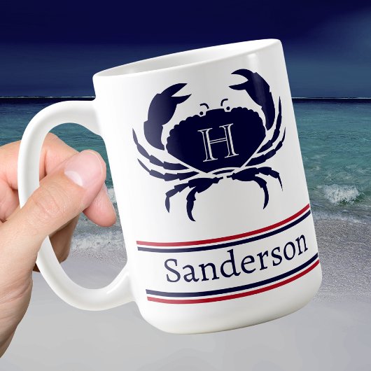 Monogrammed Red White Navy Blue Crab Nautical Koffiemok