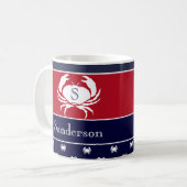 Monogrammed Red White Navy Blue Crab Nautical Koffiemok (Voorkant links)