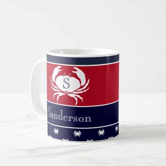 Monogrammed Red White Navy Blue Crab Nautical Koffiemok (Voorkant links)