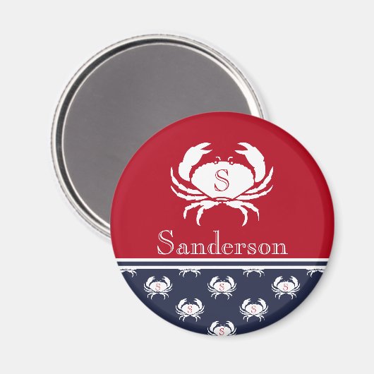 Monogrammed Red White Navy Blue Crab Nautical   Magneet (Voorkant / Achterkant)