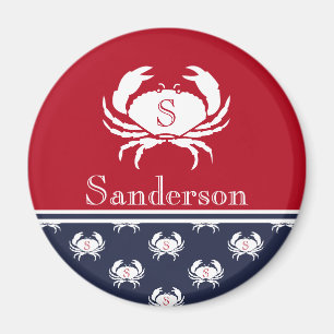 Monogrammed Red White Navy Blue Crab Nautical   Magneet