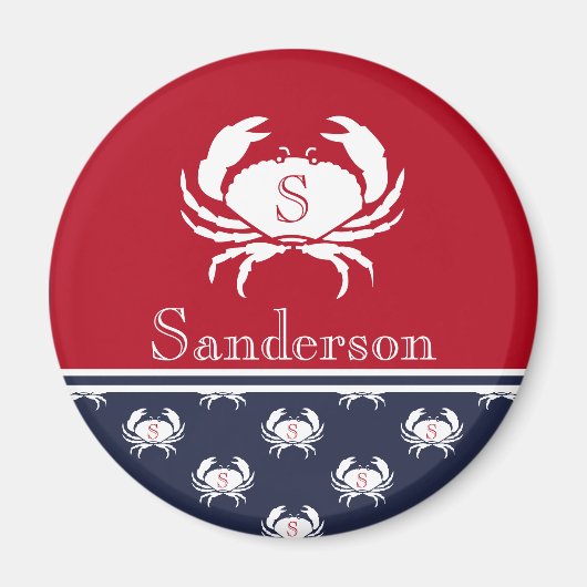 Monogrammed Red White Navy Blue Crab Nautical   Magneet (Voorkant)