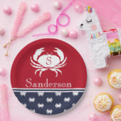 Monogrammed Red White Navy Blue Crab Nautical Papieren Bordje (Feest)