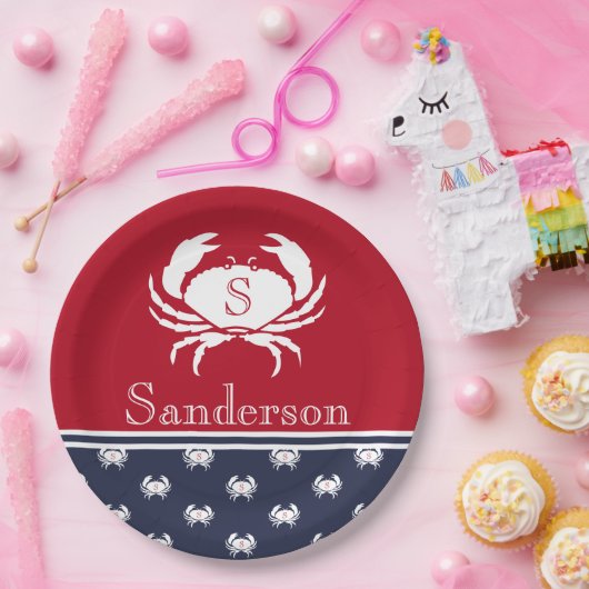 Monogrammed Red White Navy Blue Crab Nautical Papieren Bordje (Feest)