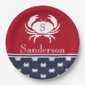Monogrammed Red White Navy Blue Crab Nautical Papieren Bordje (Voorkant)