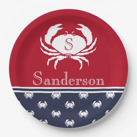 Monogrammed Red White Navy Blue Crab Nautical Papieren Bordje (Voorkant)