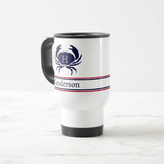 Monogrammed Red White Navy Blue Crab Nautical Reisbeker (Voorkant links)