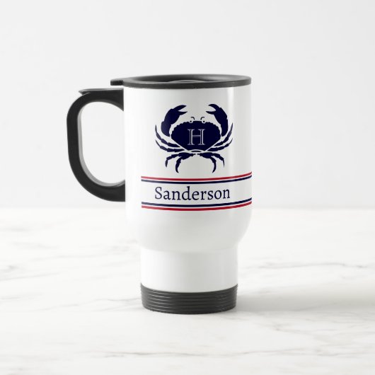 Monogrammed Red White Navy Blue Crab Nautical Reisbeker (Links)
