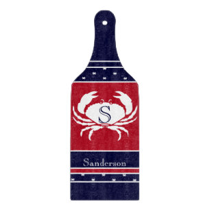 Monogrammed Red White Navy Blue Crab Nautical Snijplank