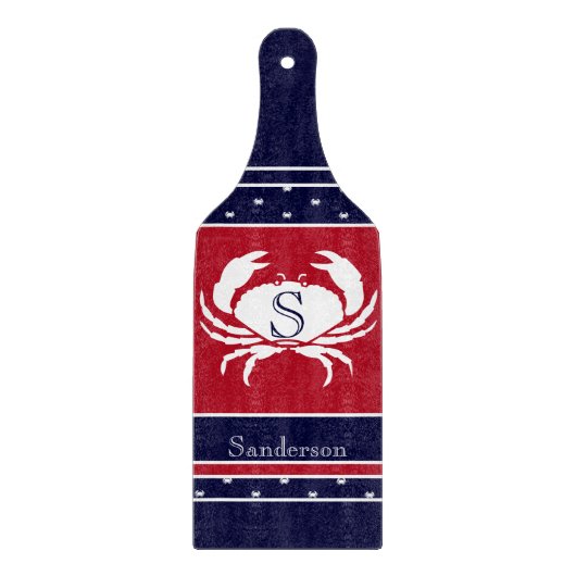 Monogrammed Red White Navy Blue Crab Nautical Snijplank (Voorkant)