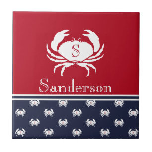 Monogrammed Red White Navy Blue Crab Nautical Tegeltje