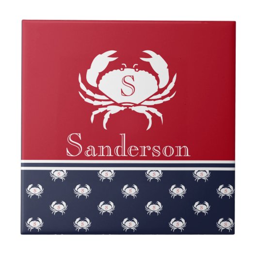 Monogrammed Red White Navy Blue Crab Nautical Tegeltje (Voorkant)
