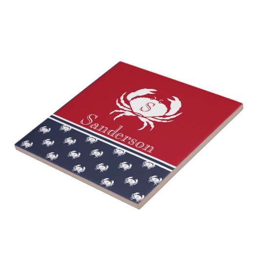 Monogrammed Red White Navy Blue Crab Nautical Tegeltje (Zijkant)