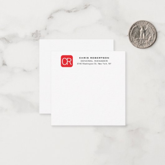 Monogrammed Red White Professional Plain Notitiekaartje (Voorkant / Achterkant in situ)