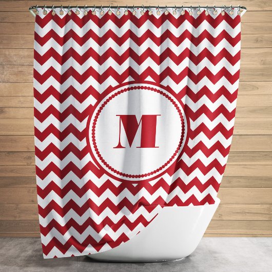 Monogrammed Red White Striped Chevron Pattern Douchegordijn