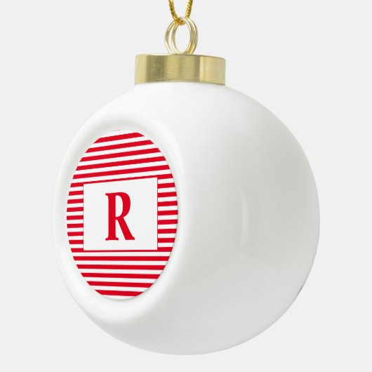 Monogrammed Red/White Stripes Keramische Bal Ornament (Rechts)