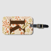 Monogrammed Retro 70s Bruin Floral Flower Pattern Bagagelabel (Voorkant (horizontaal))
