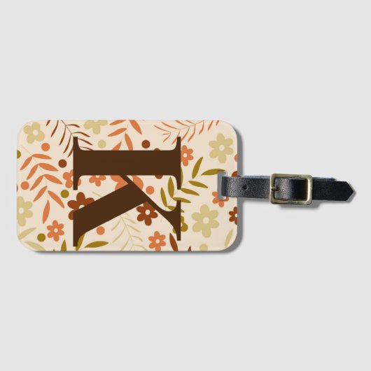 Monogrammed Retro 70s Bruin Floral Flower Pattern Bagagelabel (Voorkant (horizontaal))