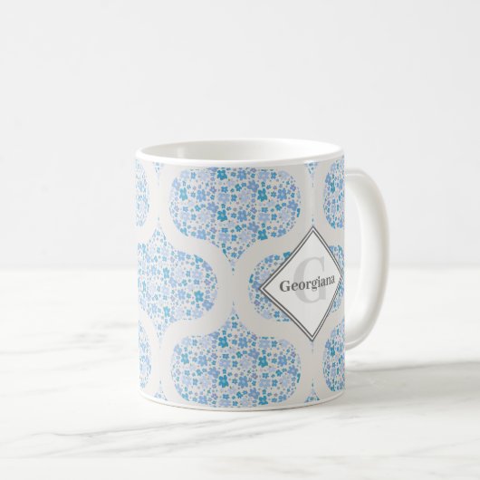Monogrammed Retro Bloemen Berry Blues Mid Mod Ogee Koffiemok (Voorkant rechts)