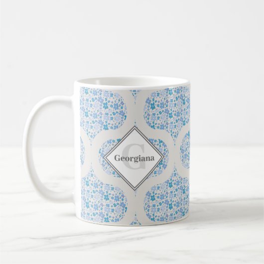 Monogrammed Retro Bloemen Berry Blues Mid Mod Ogee Koffiemok (Links)