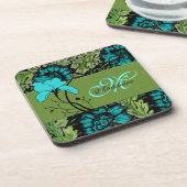 Monogrammed Retro Bloemen Groen en Turquoise Blauw Drankjes Onderzetter (Linkerzijde)