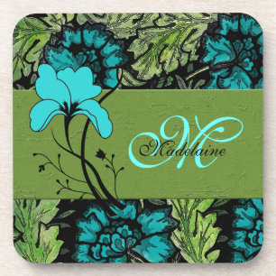 Monogrammed Retro Bloemen Groen en Turquoise Blauw Drankjes Onderzetter