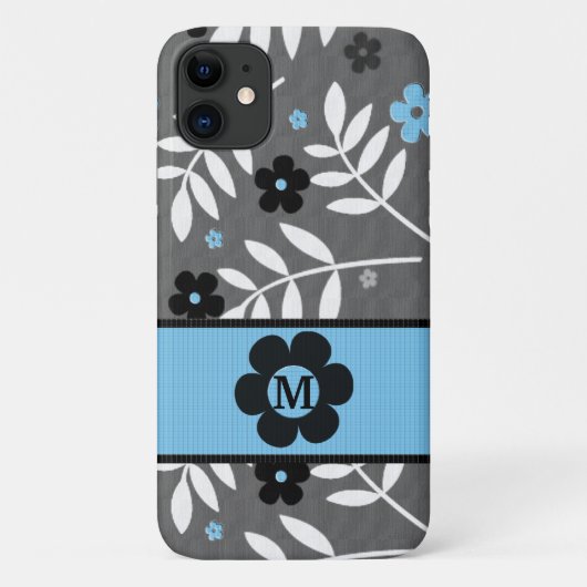 Monogrammed Retro Blue Floral Theme Case-Mate iPhone Case (Achterkant)