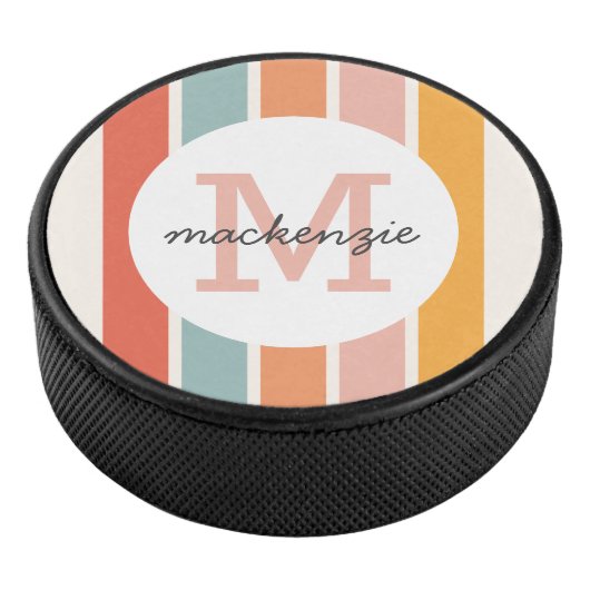 Monogrammed Retro Kleurrijke Strepen Gepersonalise Hockey Puck (3/4)