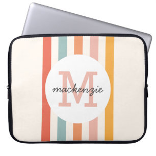 Monogrammed Retro Kleurrijke Strepen Gepersonalise Laptop Sleeve