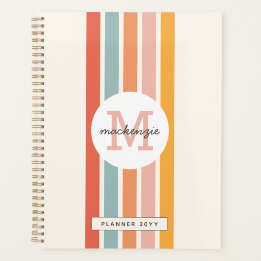 Monogrammed Retro Kleurrijke Strepen Gepersonalise Planner (Voorkant)