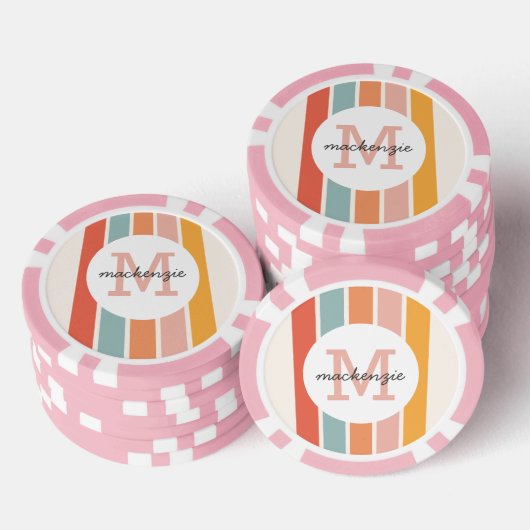 Monogrammed Retro Kleurrijke Strepen Gepersonalise Poker Chips (Opstapeling)