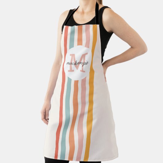 Monogrammed Retro Kleurrijke Strepen Gepersonalise Schort (Insitu)
