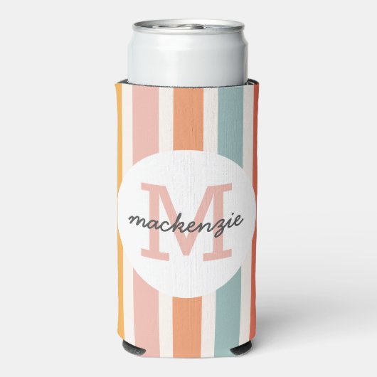 Monogrammed Retro Kleurrijke Strepen Gepersonalise Seltzer Blikjeskoeler (Seltzer Achterkant)