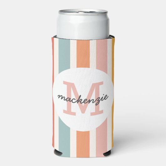 Monogrammed Retro Kleurrijke Strepen Gepersonalise Seltzer Blikjeskoeler (Seltzer Voorkant)