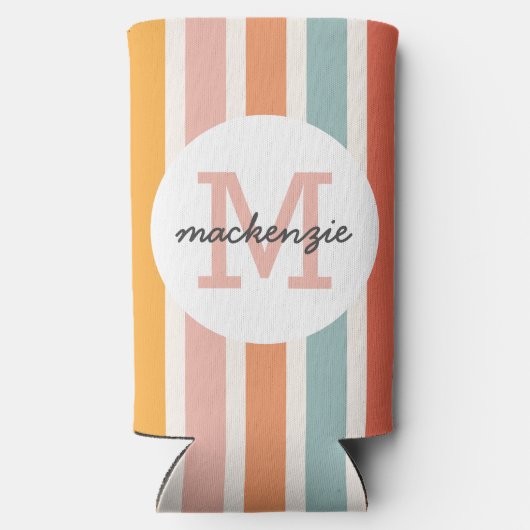 Monogrammed Retro Kleurrijke Strepen Gepersonalise Seltzer Blikjeskoeler (Achterkant)