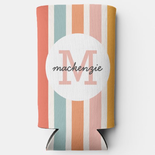 Monogrammed Retro Kleurrijke Strepen Gepersonalise Seltzer Blikjeskoeler (Voorkant)