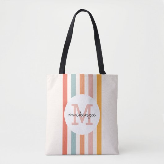 Monogrammed Retro Kleurrijke Strepen Gepersonalise Tote Bag (Voorkant)