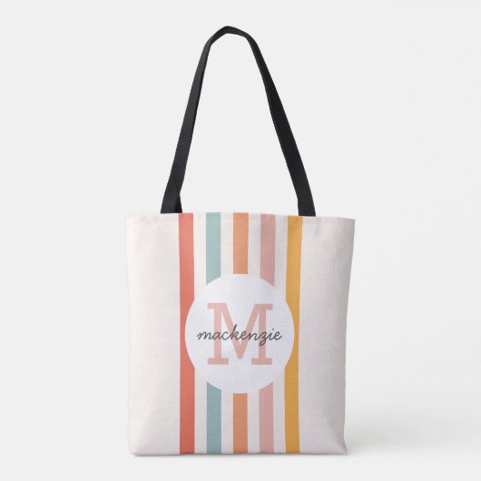 Monogrammed Retro Kleurrijke Strepen Gepersonalise Tote Bag (Achterkant)