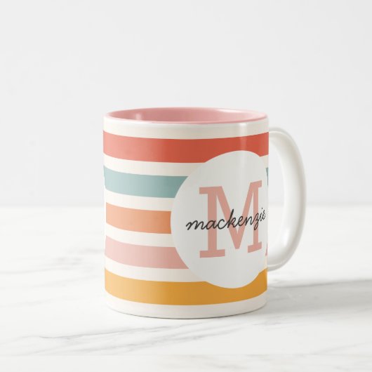 Monogrammed Retro Kleurrijke Strepen Gepersonalise Tweekleurige Koffiemok (Voorkant rechts)