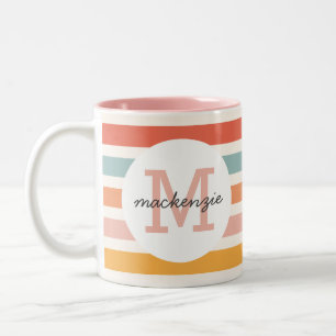 Monogrammed Retro Kleurrijke Strepen Gepersonalise Tweekleurige Koffiemok