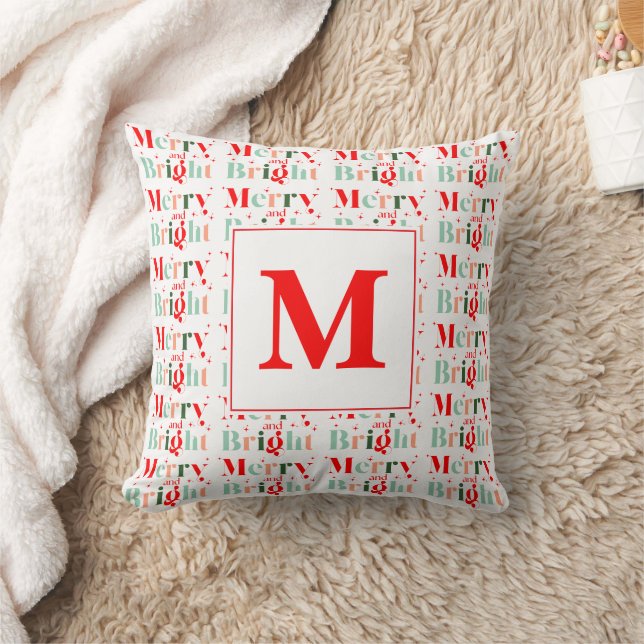 Monogrammed Retro Merry and Bright Christmas Kussen (Deken)