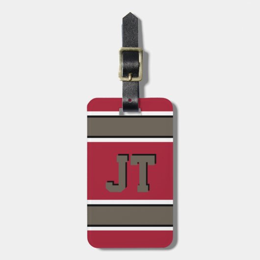 Monogrammed Rode en Bronze Sport Stripes Bagagelabel (Voorkant verticaal)