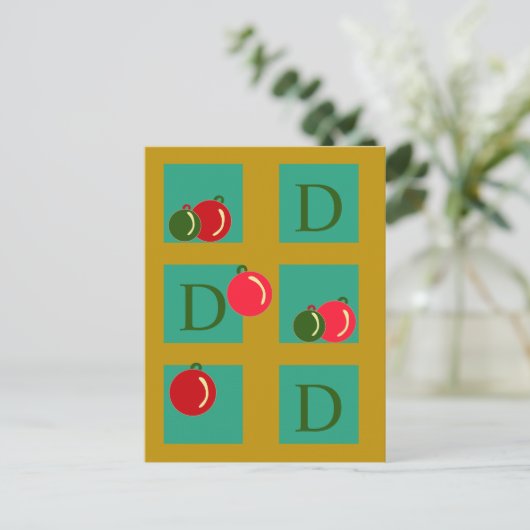 Monogrammed rode, groene, gouden kerstversiering briefkaart (Staand voorkant)