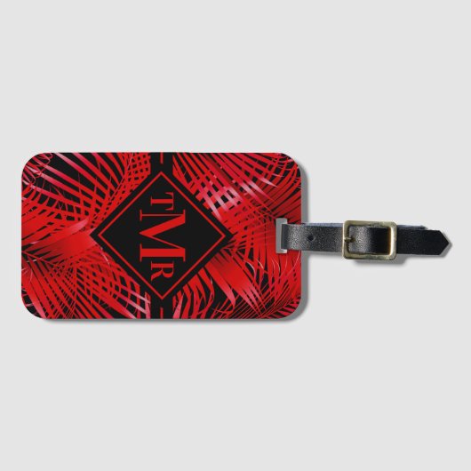 Monogrammed Rode Tropische Palm Bagagelabel (Voorkant (horizontaal))