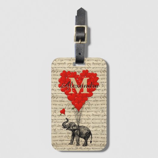 Monogrammed romantic elephant and heart bagagelabel (Voorkant (verticaal))