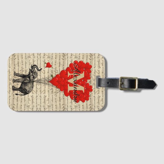 Monogrammed romantic elephant and heart bagagelabel (Voorkant (horizontaal))